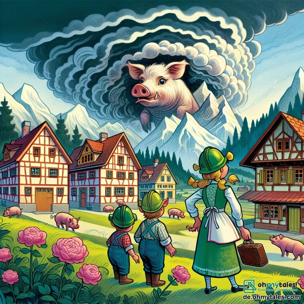 Une illustration destinée aux enfants représentant une jeune cochonne architecte, accompagnée de ses deux frères ingénieurs, confrontés à une menace imminente dans le pittoresque village de Grüntal, où les maisons en harmonie avec la nature se dressent fièrement sous un ciel menaçant.