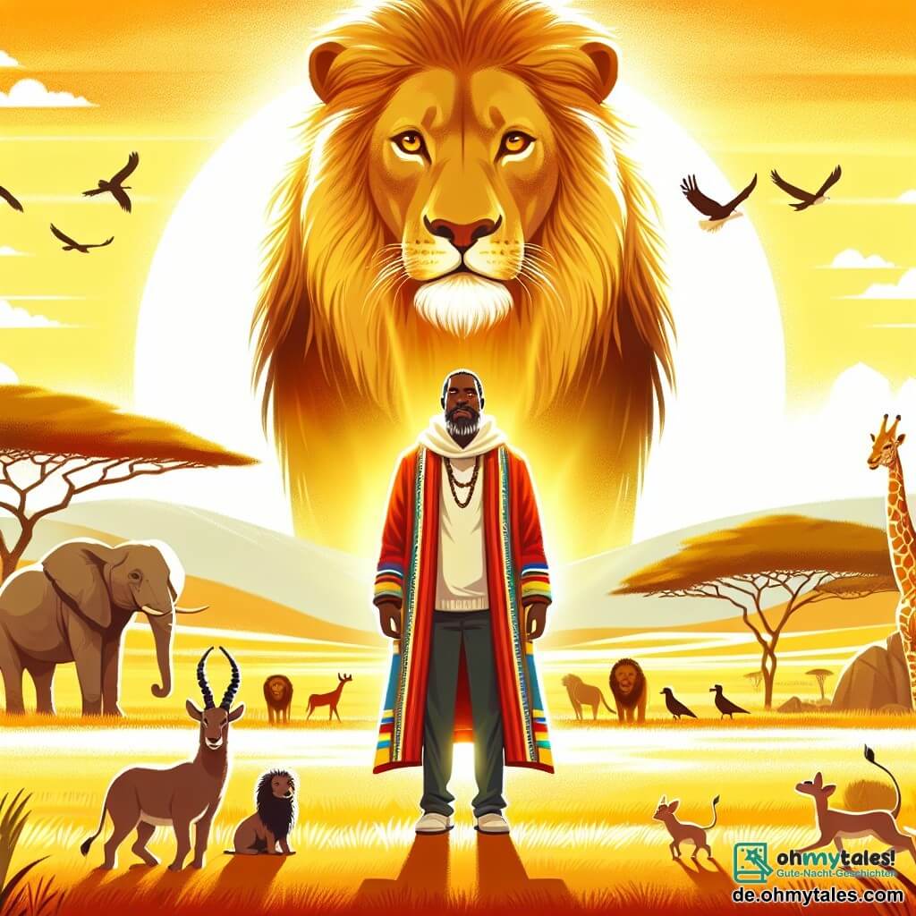 Une illustration sous forme de dessin destinée aux enfants représentant une savanne dorée baignée par la lumière du soleil, où un homme d'âge moyen, à la peau sombre et au long manteau coloré, se tient courageusement face à un majestueux lion aux yeux perçants, tandis qu'un groupe d'animaux, comprenant une éléphante gracieuse et une petite antilope curieuse, les observe de loin, illustrant le moment où l'homme, avec respect et détermination, cherche à établir un lien avec le roi de la savanne, symbolisant le courage et l'harmonie entre les êtres vivants.