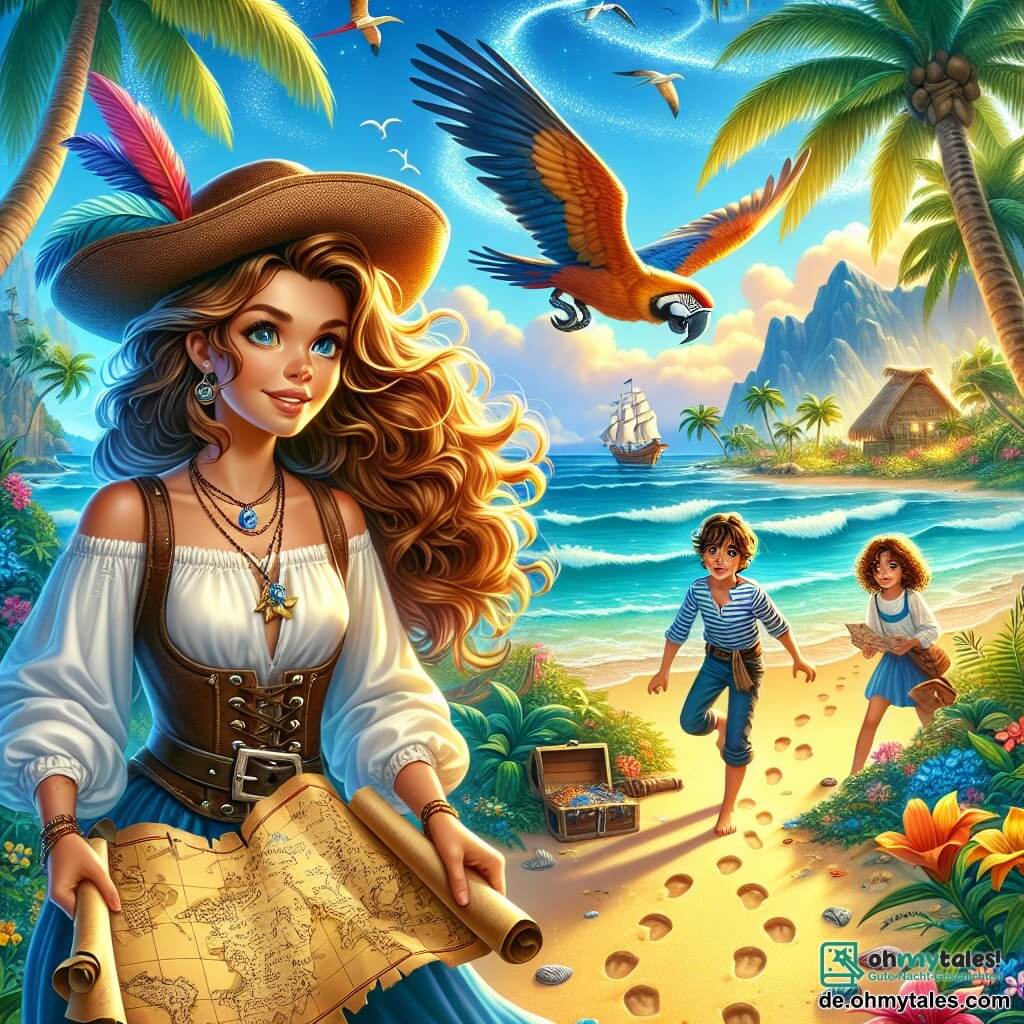 Illustration einer fesselnden Szene auf einer geheimnisvollen Insel, umgeben von üppigen Palmen und bunten Blumen, mit einem strahlend blauen Himmel und funkelnden Wellen, die an den goldenen Strand schlagen. Im Mittelpunkt des Bildes steht eine Piratin mit gebräuntem Gesicht und langen, vom Wind zerzausten Haaren, stolz gekleidet in einem weiten weißen Hemd und einer Lederweste, die mit einem entschlossenen Lächeln eine Schatzkarte hochhält. An ihrer Seite beobachtet ein etwa 10-jähriger Junge mit kastanienbraunen Haaren und funkelnden Augen, der erstaunt die Karte betrachtet, während er einen Strohhut und ein gestreiftes Hemd trägt. Im Hintergrund sammelt ein weiteres Kind, ein etwa 8-jähriges Mädchen mit lockigem Haar und rosigen Wangen, Muscheln im Sand und verleiht der Szene Dynamik. Die Hauptsituation zeigt die Piratin und die Kinder bei ihrer Erkundung, bereit, die Geheimnisse der Insel mit verborgenen Schätzen und Rätseln zu entdecken. Zusätzliche grafische Elemente sind bunte Papageien, die über ihnen fliegen, und Fußspuren im Sand, die in den dichten Dschungel führen und das bevorstehende Abenteuer symbolisieren.