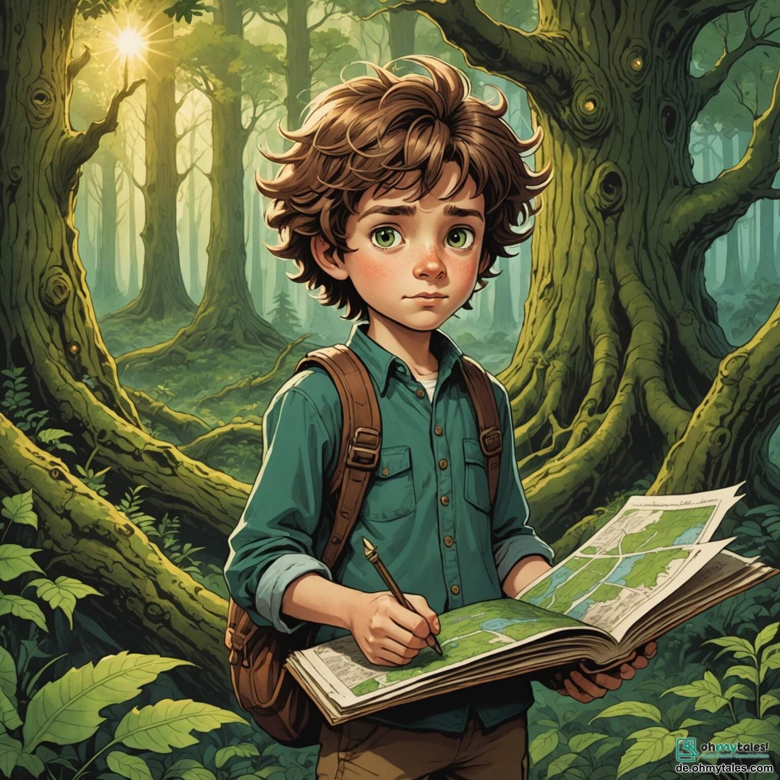 Une illustration destinée aux enfants représentant un garçon aux cheveux ébouriffés et aux yeux pétillants de curiosité, se tenant devant une vieille carte mystérieuse, prêt à partir à l'aventure dans un vaste et envoûtant bois où les arbres majestueux, aux troncs noueux et aux feuilles verdoyantes, forment un plafond naturel, tandis qu'une fille intrépide, son amie fidèle, l'encourage à explorer les secrets cachés de ce monde féerique.
