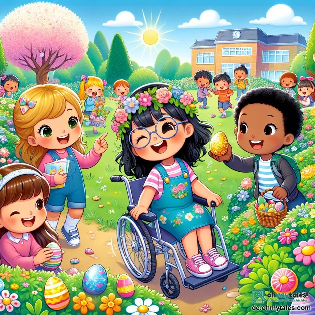 Illustration eines blühenden Schulgartens, gefüllt mit bunten Blumen und großen, grünen Bäumen. In der Mitte sind vier Freundinnen, zwei Mädchen und zwei weitere Mädchen, die Eier suchen. Eines der Mädchen, etwa 8 Jahre alt, sitzt in einem hübschen Rollstuhl mit Blumen dekoriert, hat braune Haare und eine Brille und lächelt fröhlich. Neben ihr beugt sich ein anderes Mädchen, 7 Jahre alt, mit blonden Haaren und einem rosa Kleid, um einen Busch zu untersuchen. Ein drittes Mädchen, etwa 8 Jahre alt, mit kastanienbraunen Haaren und einer blauen Latzhose, hält ein glänzendes Papier mit einem Hinweis. Schließlich zeigt das vierte Mädchen, etwa 7 Jahre alt, mit schwarzen Zöpfen und einem gestreiften T-Shirt, auf einen Baum, in dem ein goldenes Ei versteckt ist. Im Hintergrund lachen Kinder und dekorieren bunte Eier, während der Himmel blau und sonnig ist, was eine fröhliche und festliche Stimmung schafft.