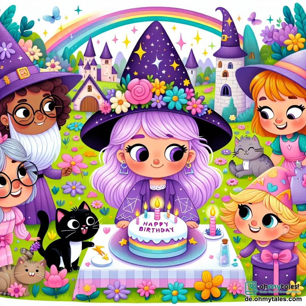 Une illustration destinée aux enfants représentant une jeune sorcière aux cheveux lila organisant une fête d'anniversaire pour son chat espiègle, entourée de ses amis sorcière à lunettes, sorcier maladroit et sorcière sage, dans un petit village entouré de fleurs colorées et de arcs-en-ciel scintillants.