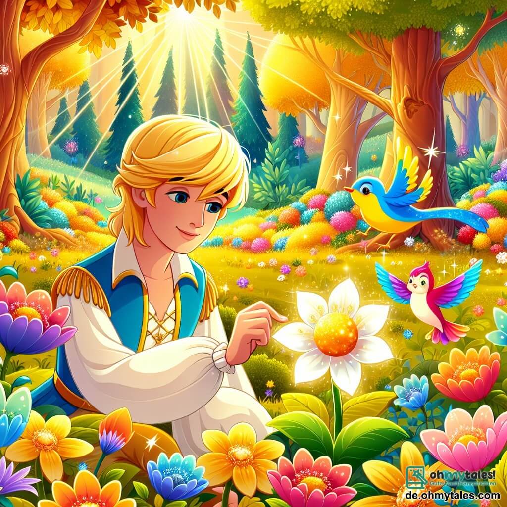 Une illustration sous forme de dessin destinée aux enfants représentant un magnifique paysage de forêt enchantée, avec des arbres aux feuilles dorées et des fleurs colorées, où un prince aux cheveux dorés et au sourire chaleureux se penche avec bienveillance vers une petite fleur scintillante, qui semble triste et décolorée, tandis qu'un doux rayon de soleil illumine la scène, symbolisant l'espoir et l'amitié, et des oiseaux aux plumes vives volent joyeusement autour d'eux, ajoutant une touche de magie à ce moment touchant.