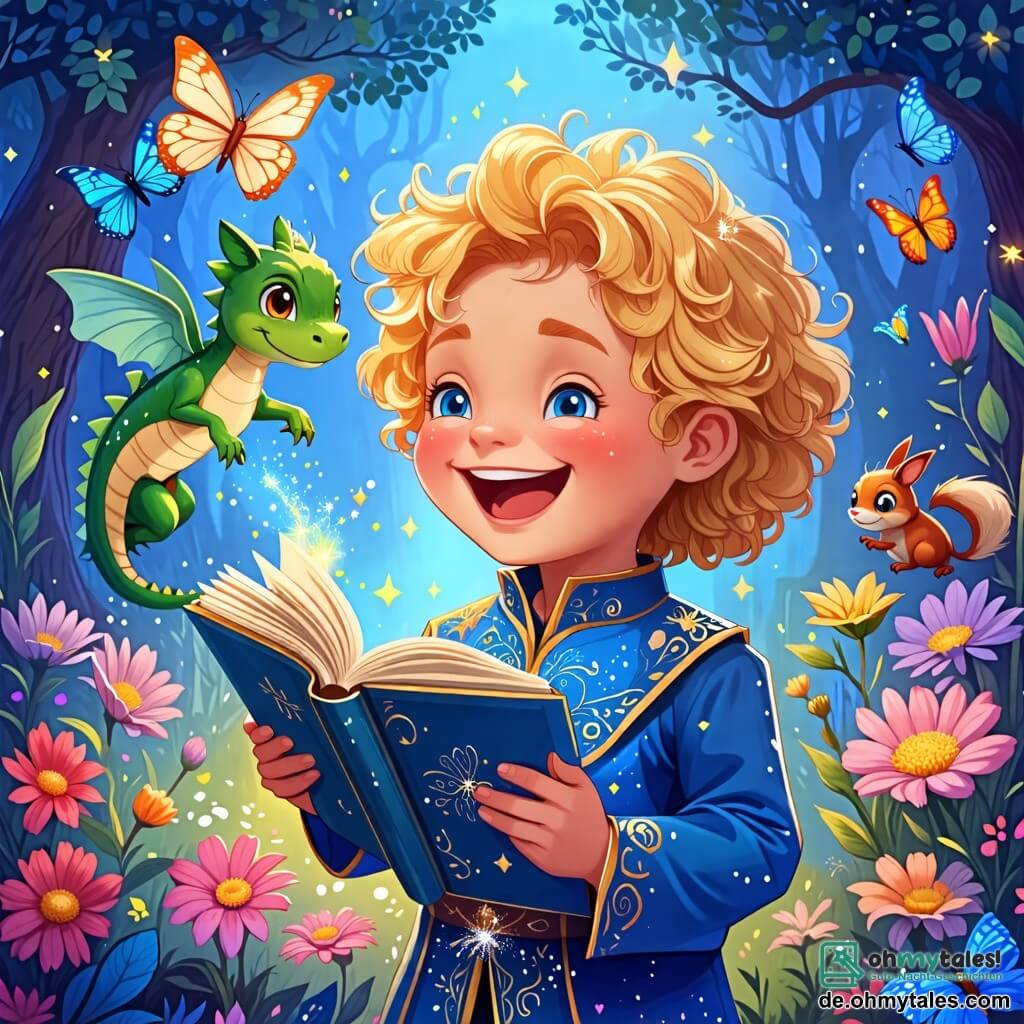 Une illustration sous forme de dessin destinée aux enfants représentant un magnifique jardin enchanté rempli de fleurs colorées et de scintillants papillons, où un prince aux cheveux dorés et aux yeux bleus pétillants, vêtu d'une tunique brillante, rit joyeusement en tenant un livre d'histoires, tandis qu'à ses côtés, un petit dragon vert au ventre rond, avec des ailes délicates, s'envole en crachant de petites étincelles de joie, et un écureuil espiègle aux yeux vifs grimpe sur une branche, tous trois partageant un moment de bonheur en racontant une histoire drôle sur une aventure magique.