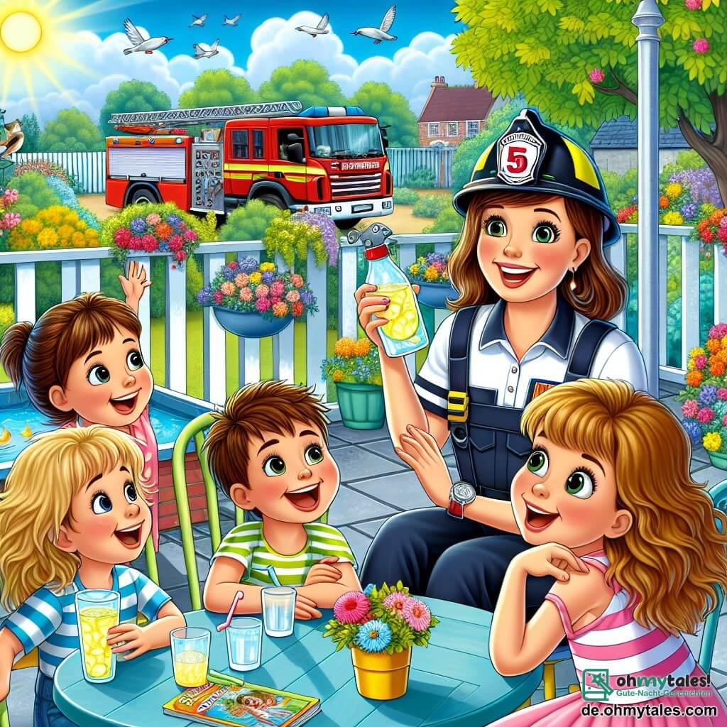 Eine Illustration zeigt eine lebhafte Szene auf einer sonnigen Terrasse, umgeben von bunten Blumen und grünen Bäumen. Im Mittelpunkt steht eine Feuerwehrfrau in Uniform, mit braunen, hochgesteckten Haaren, die lächelt und voller Energie ist, während sie eine Flasche Limonade hält und mit Kindern spricht. Unter den Nebenfiguren hebt ein etwa 10-jähriger Junge mit zerzausten blonden Haaren und einem gestreiften T-Shirt begeistert die Hand, um eine Frage zu stellen. Neben ihm hört ein etwa 9-jähriges Mädchen mit langen, lockigen Haaren in einem rosa Kleid aufmerksam zu, die Augen leuchtend vor Bewunderung. Die Hauptsituation zeigt die Feuerwehrfrau, die fesselnde Geschichten über ihren Beruf erzählt, während die Kinder, die auf Gartenstühlen sitzen, fasziniert zuhören. Im Hintergrund ist ein leuchtend rotes Feuerwehrfahrzeug zu sehen, das bereit ist, loszufahren, was der Szene einen Hauch von Aufregung verleiht. Vögel fliegen am blauen Himmel, und die Sonne scheint, was eine fröhliche und inspirierende Atmosphäre schafft.