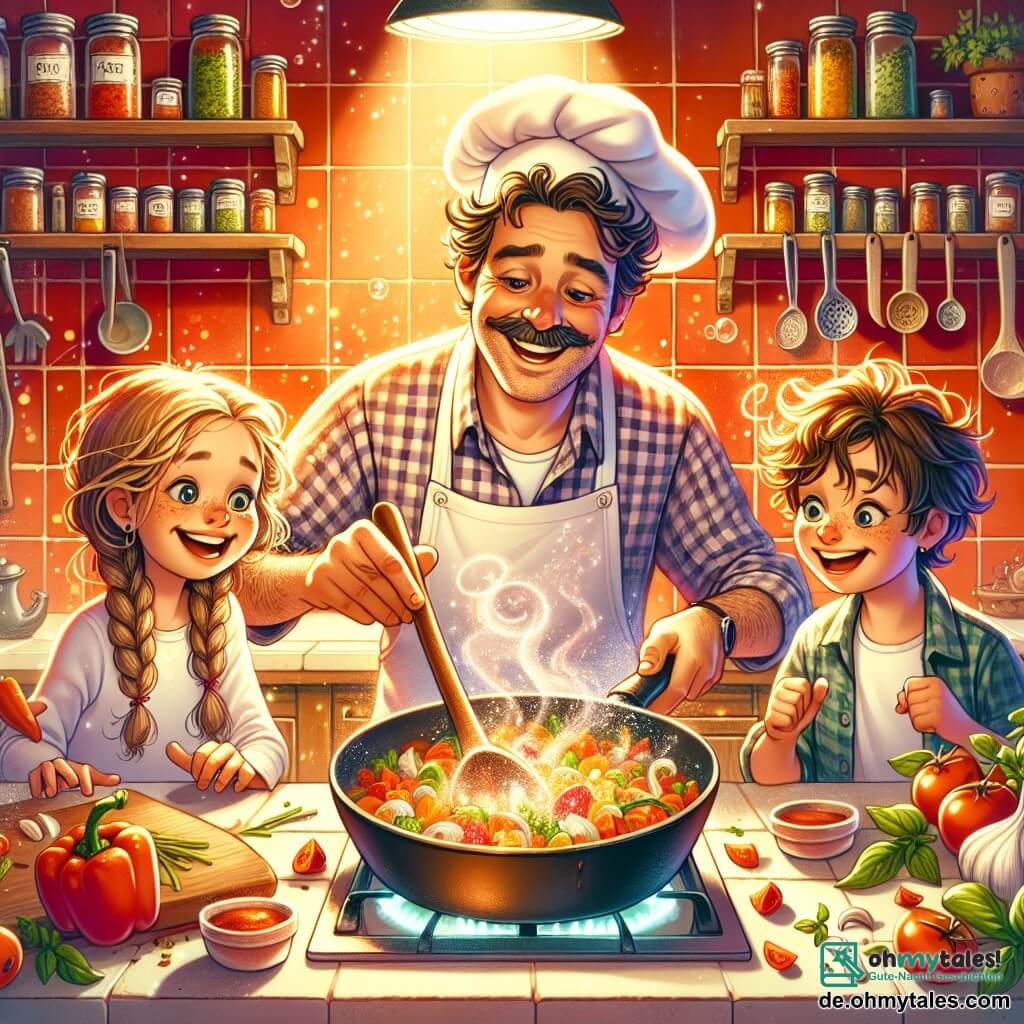 Illustration einer warmen und bunten Küche mit roten Fliesenwänden und Regalen voller Gewürzgläser und Küchenutensilien. In der Mitte steht ein lächelnder Mann in den Vierzigern mit leicht lockigem braunem Haar und einem großen Schnurrbart, der eine weiße Kochmütze und ein kariertes Hemd trägt. Er rührt in einer großen Pfanne mit buntem Gemüse, aus der köstlicher Dampf aufsteigt. Neben ihm stehen zwei Kinder: ein etwa 8-jähriges Mädchen mit geflochtenem blonden Haar und strahlendem Lächeln sowie ein 7-jähriger Junge mit zerzausten braunen Haaren und Soßenflecken auf seinem T-Shirt, die begeistert Tomaten in die Pfanne geben. Die Szene zeigt die Aufregung und Magie des Moments mit Lichtstrahlen, die die frischen Zutaten beleuchten, und Dampfbällen, die in die Luft steigen. Frische Kräuter wie Basilikum und Thymian sind auf der Arbeitsplatte verteilt und verleihen dem Ganzen eine grüne Note. Die Atmosphäre ist fröhlich und gesellig und verdeutlicht den Spaß am gemeinsamen Kochen.
