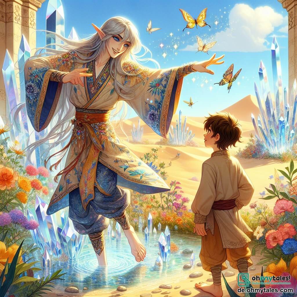 Illustration, die eine magische Szene in einer bezaubernden Oase darstellt, wo glitzernde Kristallwände im Sonnenlicht leuchten, umgeben von Pflanzen in lebhaften Farben und zarten Blütenblättern. Im Zentrum tanzt ein Elf mit langen silbernen Haaren und leuchtenden Augen wie Sterne, gekleidet in einer mit floralen Mustern verzierten Tunika, anmutig neben dem klaren Wasser, ein warmes Lächeln auf seinem Gesicht. An seiner Seite beobachtet ein etwa zehnjähriger Junge mit kastanienbraunen Haaren und neugierigen Augen, dessen leicht staubige Leinenkleidung von seinen Abenteuern in der Wüste zeugt. Der Elf streckt die Hand nach dem Jungen aus und lädt ihn ein, an einem fröhlichen Tanz teilzunehmen, während bunte Schmetterlinge um sie herumfliegen und der Szene einen Hauch von Magie verleihen. Im Hintergrund erstrecken sich goldene Dünen bis zum Horizont, und der Himmel ist mit leichten Wolken gesprenkelt, was eine traumhafte und bewundernde Atmosphäre schafft.