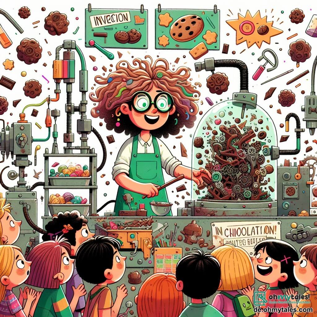 Une illustration sous forme de dessin destinée aux enfants représentant une atelier coloré et chaotique rempli de machines étranges et de matériaux d'invention, où une femme aux cheveux bouclés et ébouriffés, portant un grand tablier vert et des lunettes surdimensionnées, est en train de bricoler une machine à biscuits qui projette des éclats de chocolat, tandis qu'un groupe d'enfants curieux, avec des sourires émerveillés, se presse autour d'elle, attendant avec impatience de goûter aux biscuits magiques qui racontent des histoires.