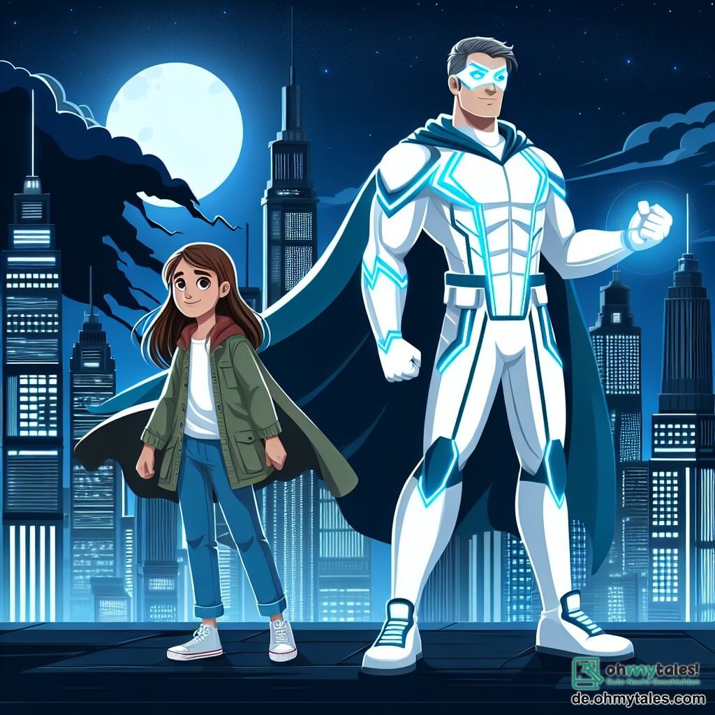 Une illustration sous forme de dessin destinée aux enfants représentant une scène nocturne dans la ville futuriste de Neotek, avec ses hauts gratte-ciels illuminés, où un homme en costume de super-héros blanc avec des lignes bleues brillantes et un long manteau flottant se tient courageusement sur un toit, concentré et prêt à défendre la ville, tandis qu'une jeune fille aux cheveux bruns et aux yeux pétillants, vêtue d'une tenue décontractée, l'encourage avec un sourire, alors qu'une ombre menaçante se profile derrière eux, symbolisant le combat entre la lumière et la noirceur.