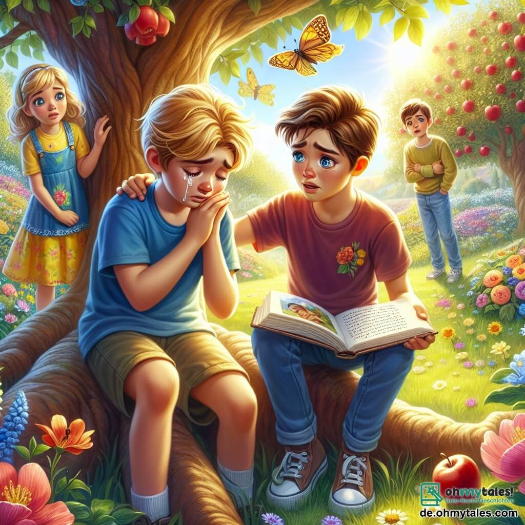 Illustration einer emotionalen Szene in einem sonnigen Garten, wo ein 11-jähriger Junge mit braunen Haaren und leuchtenden Augen auf einer großen Baumwurzel sitzt. Er trägt ein blaues T-Shirt und Shorts, und sein Gesicht drückt tiefe Traurigkeit aus. Neben ihm steht ein 10-jähriger Junge mit blonden Haaren und funkelnden Augen, der seine Hand auf die Schulter des ersten Jungen legt und Trost bietet. Im Hintergrund schaut ein 11-jähriges Mädchen mit langen braunen Haaren und einem gelben Kleid mit Mitgefühl zu, während es ein illustriertes Buch mit bunten Zeichnungen hält. Die Szene spielt in einem blühenden Garten, gefüllt mit bunten Blumen und einem alten blühenden Apfelbaum, der Leben und Erinnerung symbolisiert. Die Sonne scheint sanft und schafft eine warme, beruhigende Atmosphäre. Der weinende Junge hält ein aufgeschlagenes Buch über seinen Knien, gefüllt mit Geschichten seines Großvaters, während seine Freunde aufmerksam zuhören und einen Moment der Unterstützung und Liebe angesichts des Verlustes teilen. Schmetterlinge fliegen um sie herum und verleihen dieser Szene des Trostes und der Erinnerung einen Hauch von Magie und Sanftheit.