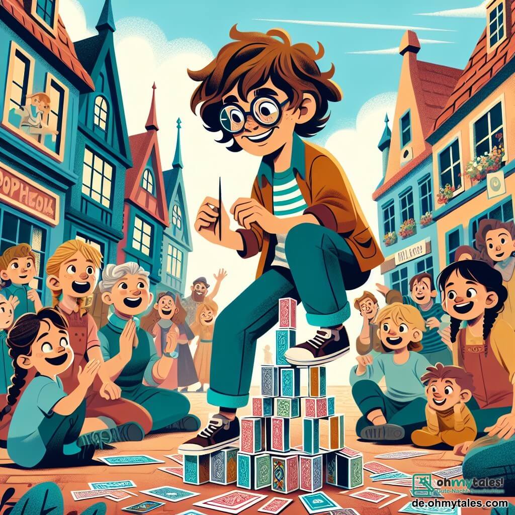 Une illustration sous forme de dessin destinée aux enfants représentant une scène animée sur la place du village colorée de Wuselhausen, où un garçon de 11 ans aux cheveux bruns en bataille et aux lunettes rondes, concentré et souriant, est en train de construire un immense château de cartes tout en se tenant sur un pied, tandis qu'une petite fille aux cheveux blonds tressés, sa sœur, l'encourage joyeusement en levant les bras, entourés d'un groupe d'enfants curieux et d'adultes amusés, tous captivés par ce défi improbable et plein de rires.