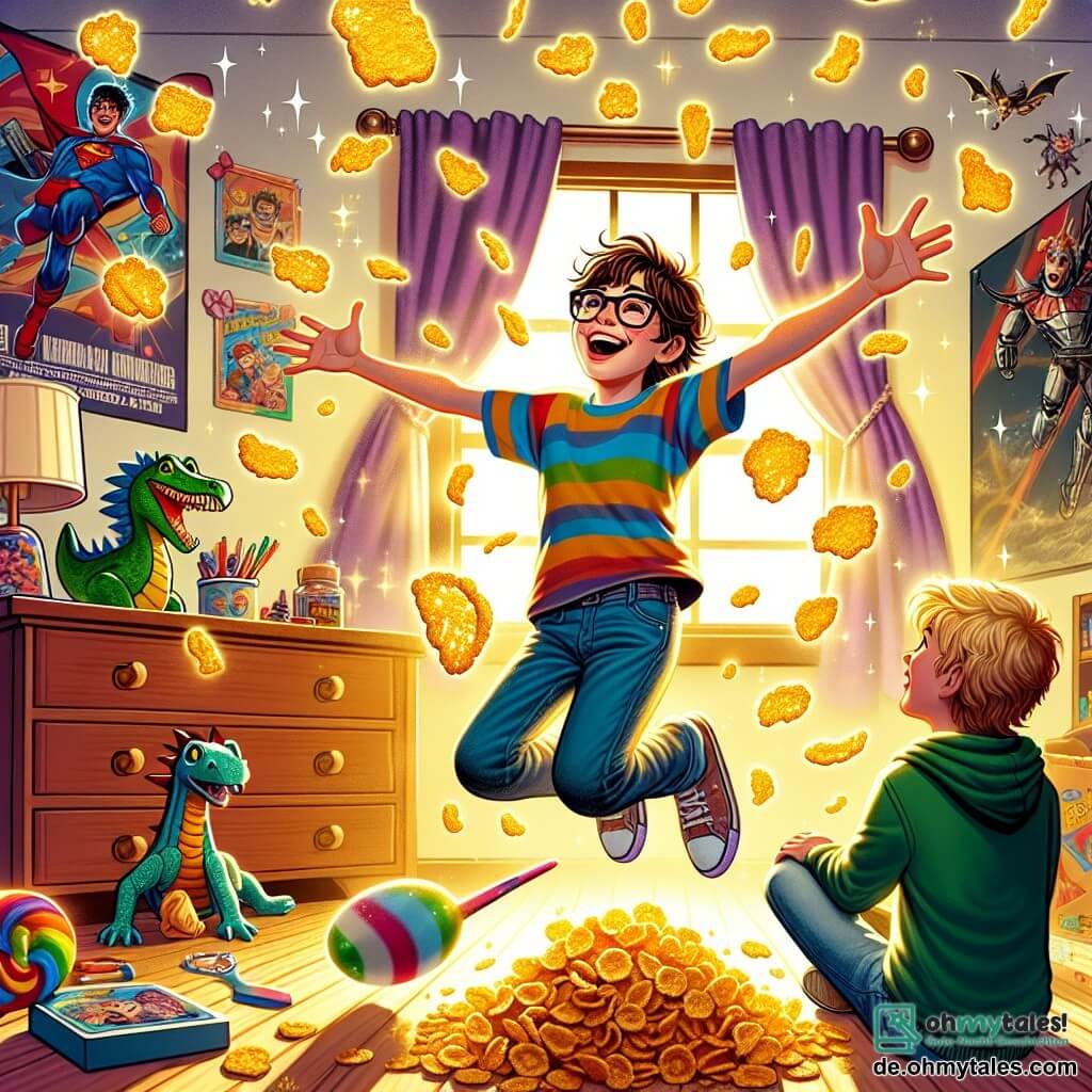 Illustration einer bunten und spielerischen Szene im Zimmer eines 11-jährigen Jungen. Der Raum ist mit Postern von Superhelden und Drachen dekoriert, Spielzeug liegt verstreut auf dem Boden, und ein Fenster lässt goldenes Licht herein, das zuckrige Wolken draußen erleuchtet. 

Die Hauptfigur ist ein 11-jähriger Junge mit zerzausten braunen Haaren, runden Brillen und einem breiten Lächeln. Er trägt ein gestreiftes T-Shirt und eine blaue Shorts. Er schwebt in der Luft, die Arme weit ausgebreitet, mit einem Staunen auf seinem Gesicht, während eine Regen von glitzernden Cornflakes um ihn herabfällt.

Neben ihm steht sein bester Freund, ebenfalls 11 Jahre alt, mit blonden Haaren und Sommersprossen, der mit weit aufgerissenen Augen zusieht. Er trägt einen grünen Kapuzenpullover und Jeans. Er hebt die Hände, als wolle er die glitzernden Cornflakes in der Luft fangen.

Die Hauptsituation zeigt den Jungen, der fröhlich schwebt, umgeben von magischen Cornflakes, die wie Sterne funkeln, während sein Freund dieses unglaubliche Phänomen bewundert. Im Hintergrund fliegen Spielzeuge um sie herum und schaffen eine Atmosphäre von Magie und Absurdität, mit tanzenden Büchern und Miniaturautos, die in der Luft im Kreis fahren.