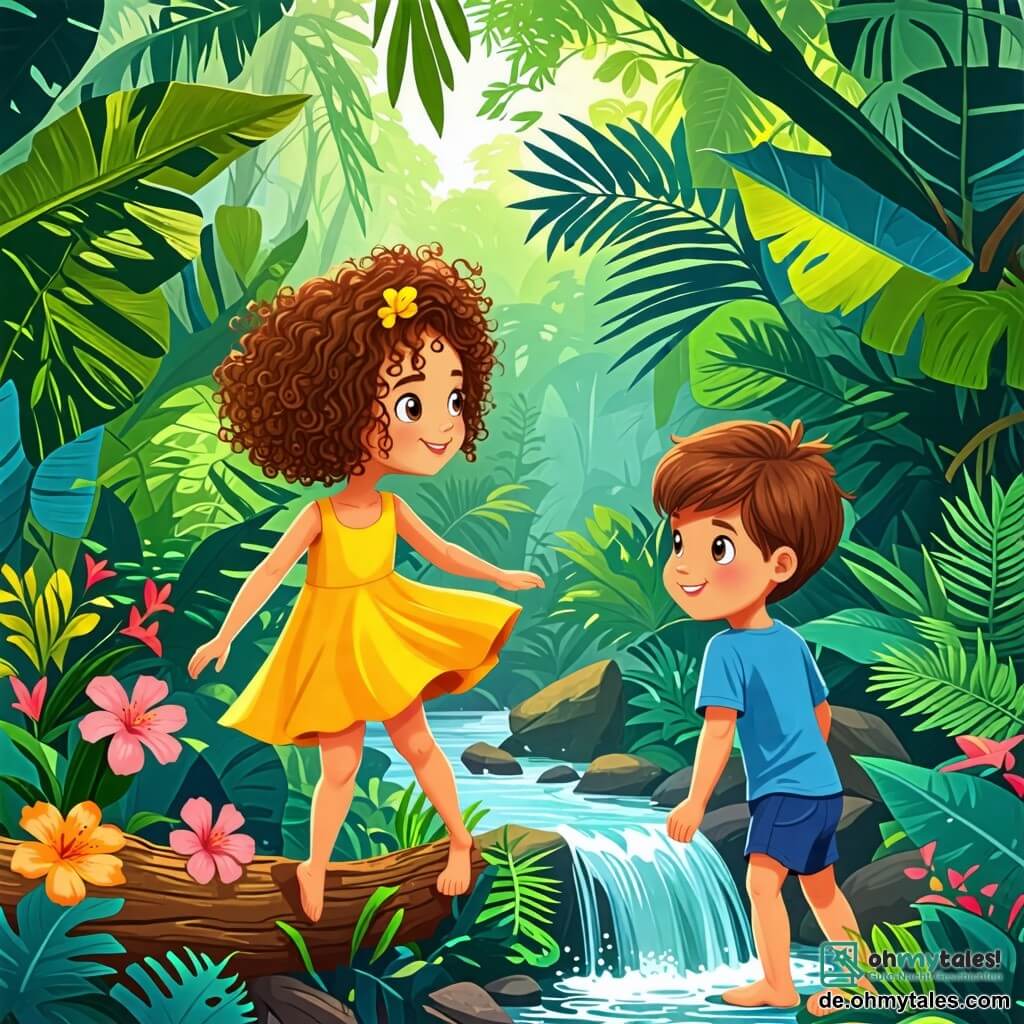 Une illustration sous forme de dessin destinée aux enfants représentant une scène colorée dans un dense dschungel tropical, avec des arbres verts et des fleurs éclatantes, où une petite fille de 2 ans aux cheveux bouclés et aux yeux pétillants, portant une robe jaune, marche avec détermination sur un tronc d'arbre, tandis qu'à ses côtés, un petit garçon de 2 ans aux cheveux bruns et aux yeux curieux, vêtu d'un t-shirt bleu, l'encourage avec un grand sourire, alors qu'ils s'apprêtent à traverser un ruisseau scintillant pour découvrir une plante rare et magnifique.