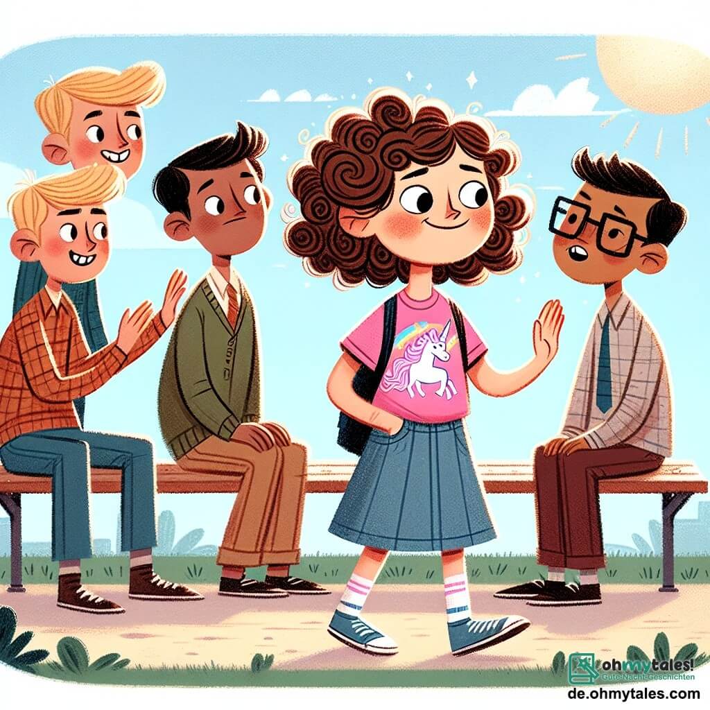 Une illustration sous forme de dessin destinée aux enfants représentant une cour d'école ensoleillée, où une fille de 11 ans aux cheveux bruns et bouclés, portant un t-shirt rose avec un unicorn et une jupe en jeans, se tient courageusement devant un groupe de garçons, dont l'un est grand avec des cheveux blonds et un sourire moqueur, tandis qu'un autre, plus petit avec des lunettes, semble hésitant ; la fille tend la main vers un garçon timide aux cheveux châtains, assis seul sur un banc, pour l'inviter à se joindre à eux, illustrant ainsi un moment de solidarité face au harcèlement.