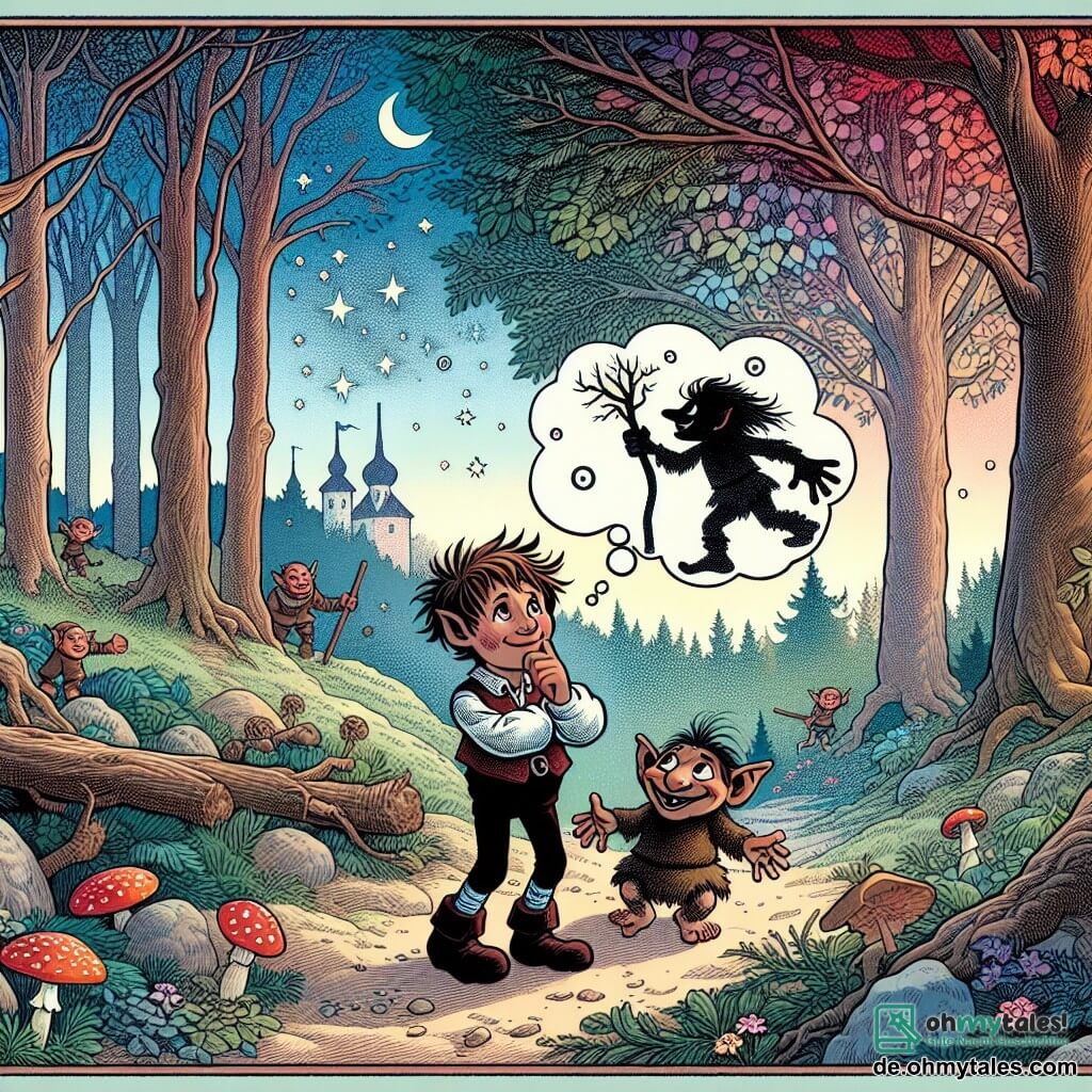 Une illustration destinée aux enfants représentant un jeune troll garçon, rêvant d'aventures, rencontrant un espiègle kobold, dans le magnifique et mystérieux Wald von Kirschblütenberg, où les arbres semblent danser au rythme du vent.